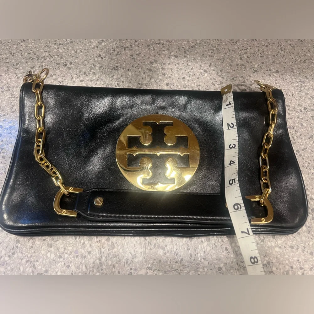 Authentic Tory Burch “Reva” Black Leather Fancy Shoulder Bag - Picture 4 of 10